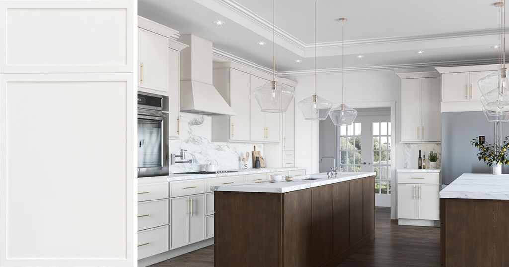 Quick Ship Thin Frame Luna cabinet door and a kitchen featuring installed cabinets in Dove finish