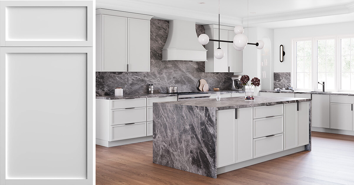 Quick Ship Thin Frame Newport cabinet door and a kitchen featuring cabinets in White finish