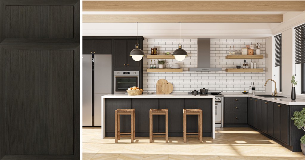 Quick Ship Thin Frame Southampton cabinet door and a kitchen featuring cabinets in Carbon finish