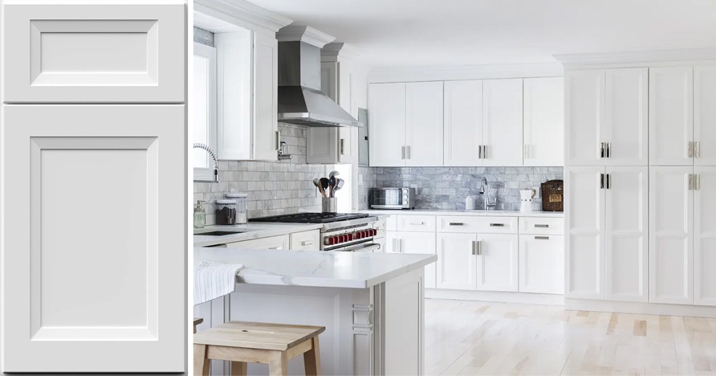 Quick Ship Bevel Onyx cabinets in White finish in a new kitchen