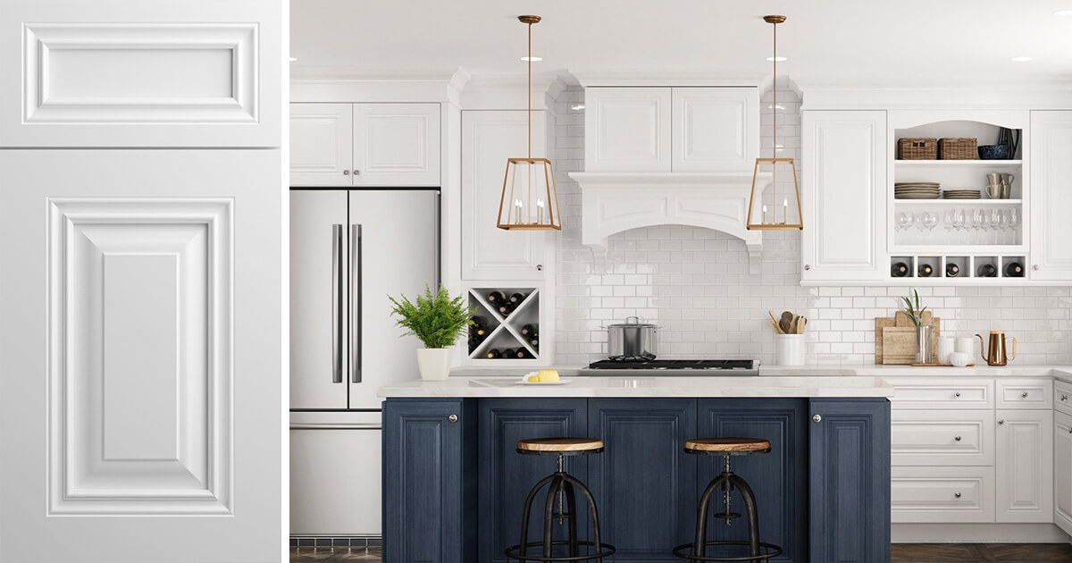 Quick Ship Raised Panel Park Avenue cabinets in white and blue finish in a new kitchen