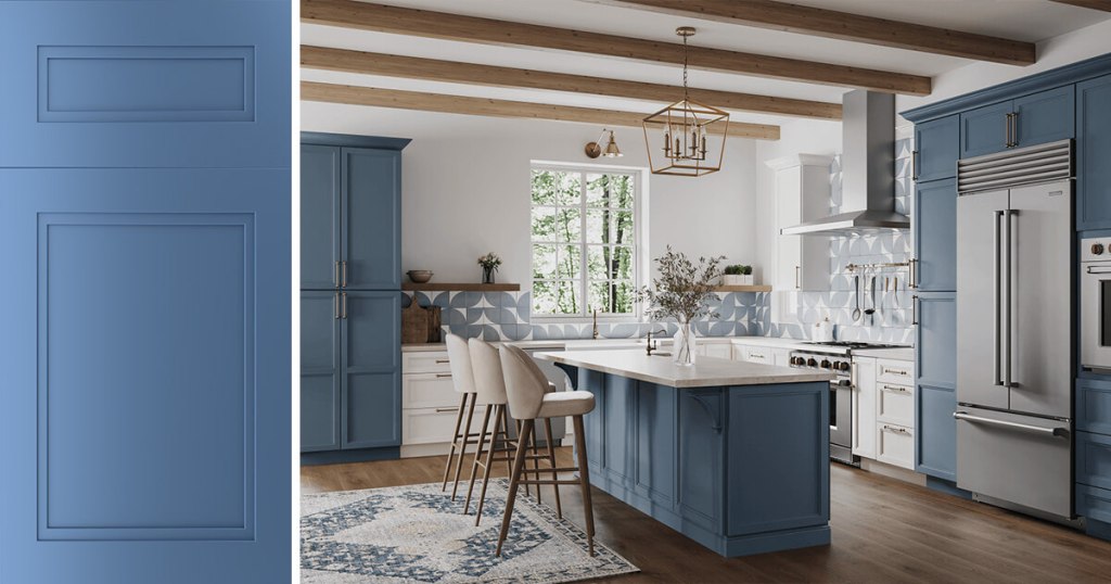 Quick Ship Step Bolt cabinet doors in Denim finish in a new kitchen with exposed wood ceiling beams
