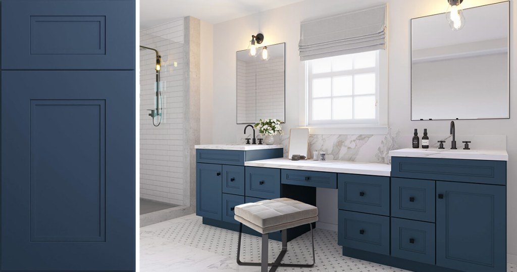 Quick Ship Step Fashion cabinet doors in Ocean finish in a redesigned bathroom
