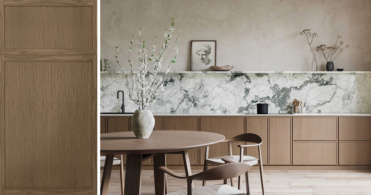 Quick Ship Thin Frame Madison cabinet doors in Hazelnut finish in a new dining room