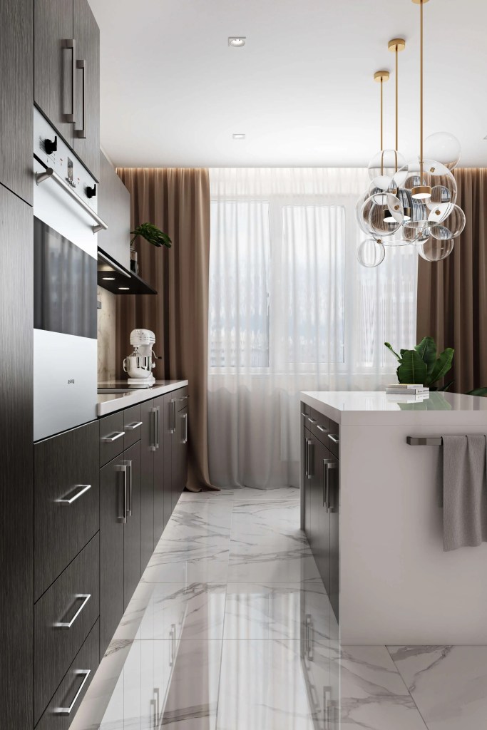 Quick Ship cabinet door gallery image of a galley kitchen remodel featuring Matrix cabinets in Greystone finish