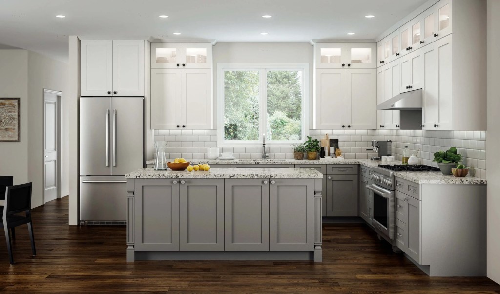 Quick Ship cabinet door gallery image of a redesigned kitchen featuring Elegant cabinets in White and Dove finishes