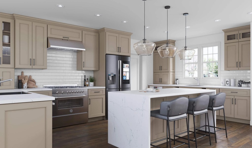 Quick Ship cabinet door gallery image of a kitchen redesign featuring Fusion cabinets in Oyster finish