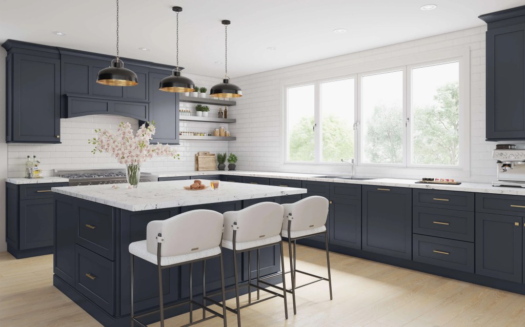 Quick Ship cabinet door gallery image of a kitchen redesign featuring Galaxy cabinets in Indigo finish