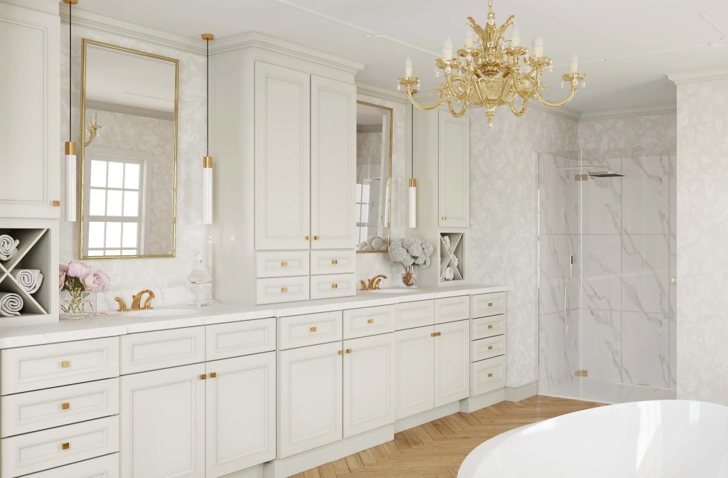 Quick Ship cabinet door gallery image of a kitchen redesign featuring Imperio cabinets in Dove finish