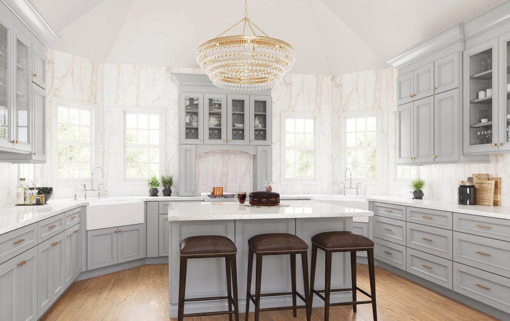 Quick Ship cabinet door gallery image of a kitchen redesign featuring Imperio cabinets in Nickel finish