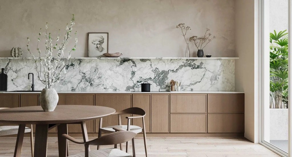 Quick Ship cabinet door gallery image of a interior design makeover of a dining room featuring Madison cabinets in Hazelnut finish