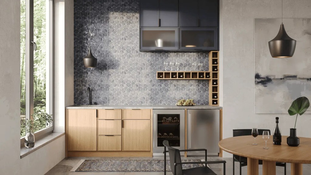 Quick Ship cabinet door gallery image of a interior redesign of a dining room featuring Montclair cabinets in Sapphire and Cashmere finishes