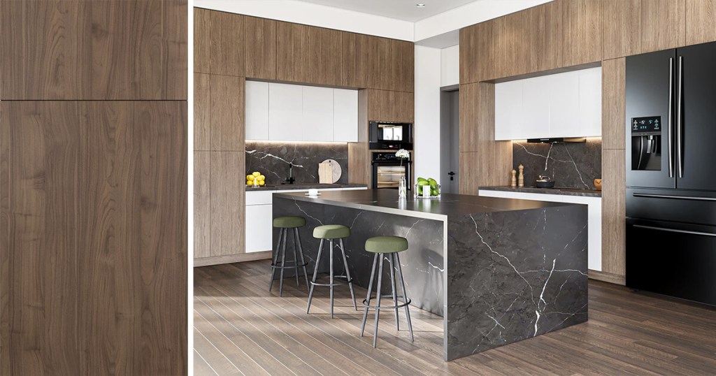 Kitchen redesigned in Quick Ship Flat Slab Catalina cabinets in Nocce 3 finish