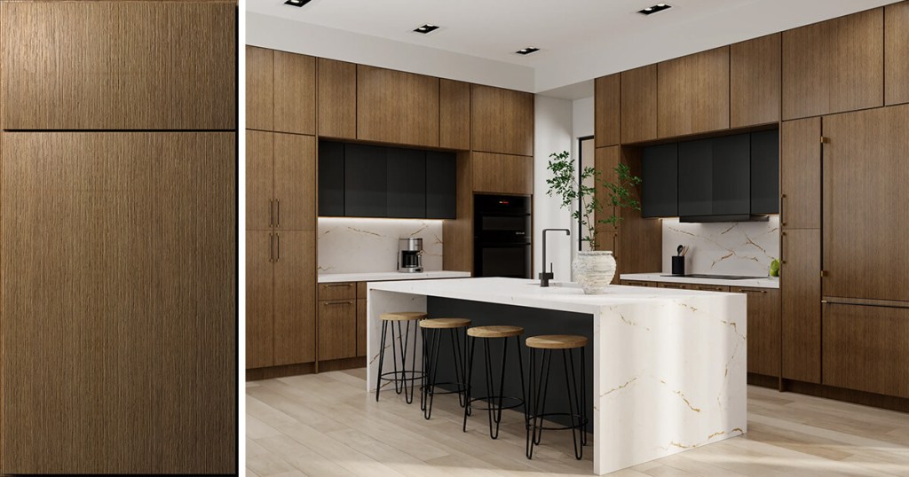 Kitchen redesigned in Quick Ship Flat Slab Luxe cabinets in Canyon Oak finish